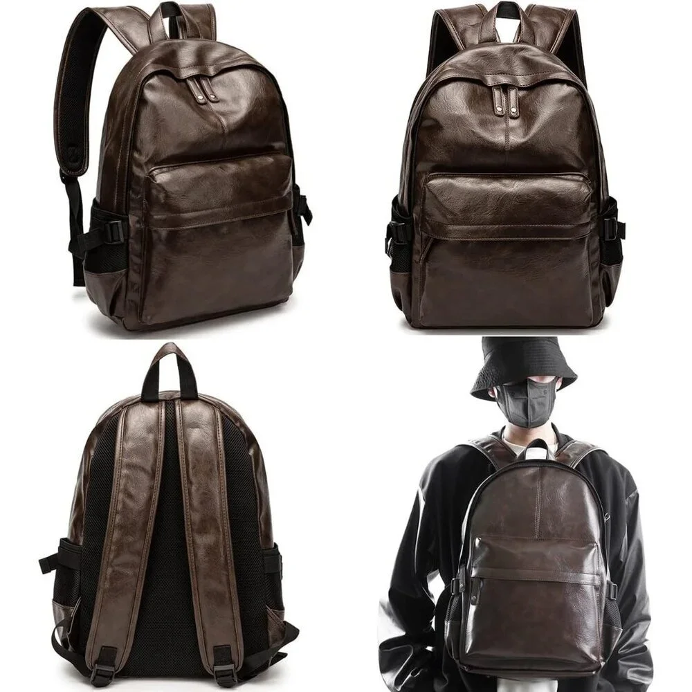 Men's Brown School College Book Bag Casual Day Pack Leather Laptop Backpack